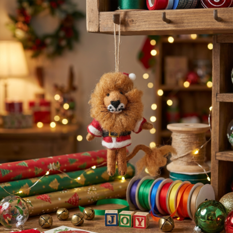Handmade Felt Sutton the Santa Lion Christmas Hanging Decoration