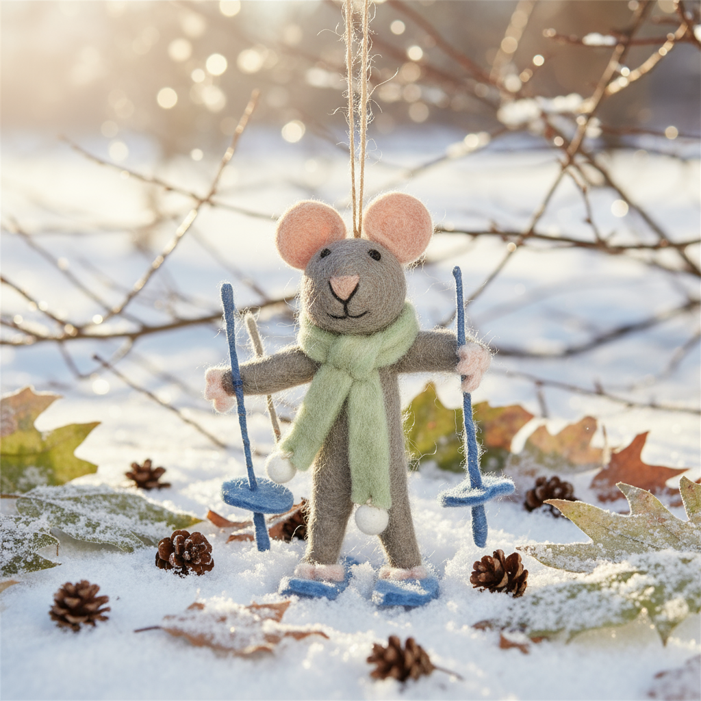 Handmade Felt Sylvia the Skiing Mouse Christmas Hanging Decoration