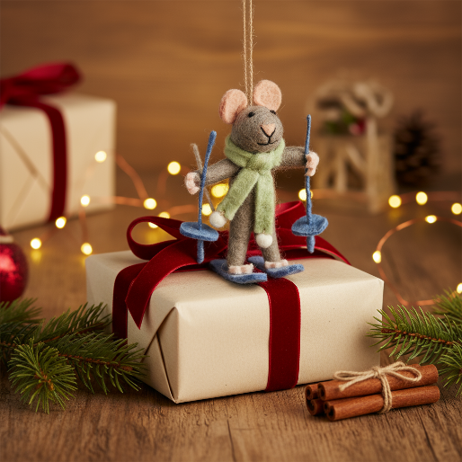 Handmade Felt Sylvia the Skiing Mouse Christmas Hanging Decoration