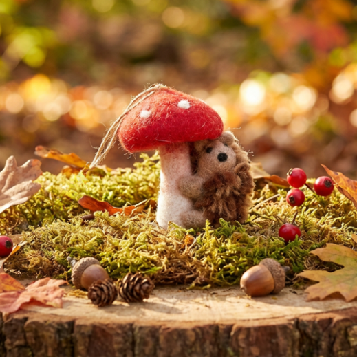 Handmade Felt Toadstool Hedgehog Hanging Woodland Decoration