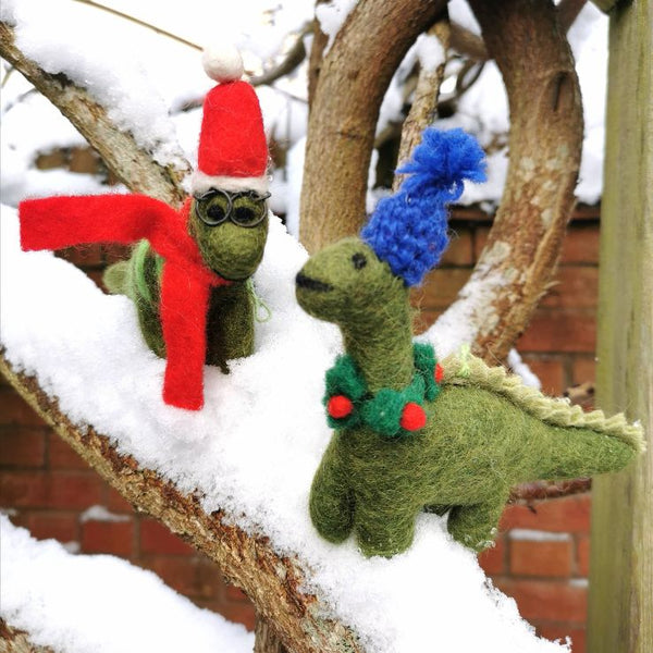 Handmade Felt Hanging Christmas Dinosaur with Specs Tree Decoration