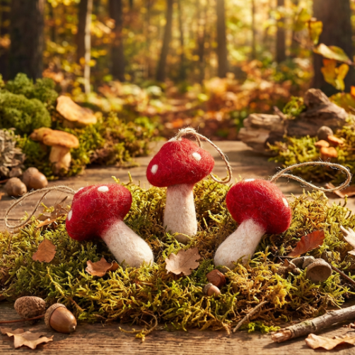 Handmade Felt Hanging Toadstools Set of 3 Autumnal Woodland Decorations