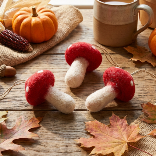 Handmade Felt Hanging Toadstools Set of 3 Autumnal Woodland Decorations