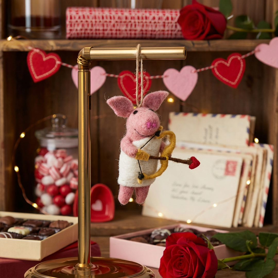 Handmade Needle Felt Cupig's Arrow Cupid Pig Hanging Valentines Decoration