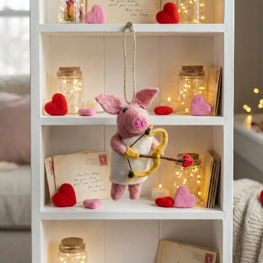 Handmade Needle Felt Cupig's Arrow Cupid Pig Hanging Valentines Decoration