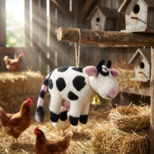 Handmade Needle Felt Daisy the Cow Fair trade Hanging Decoration