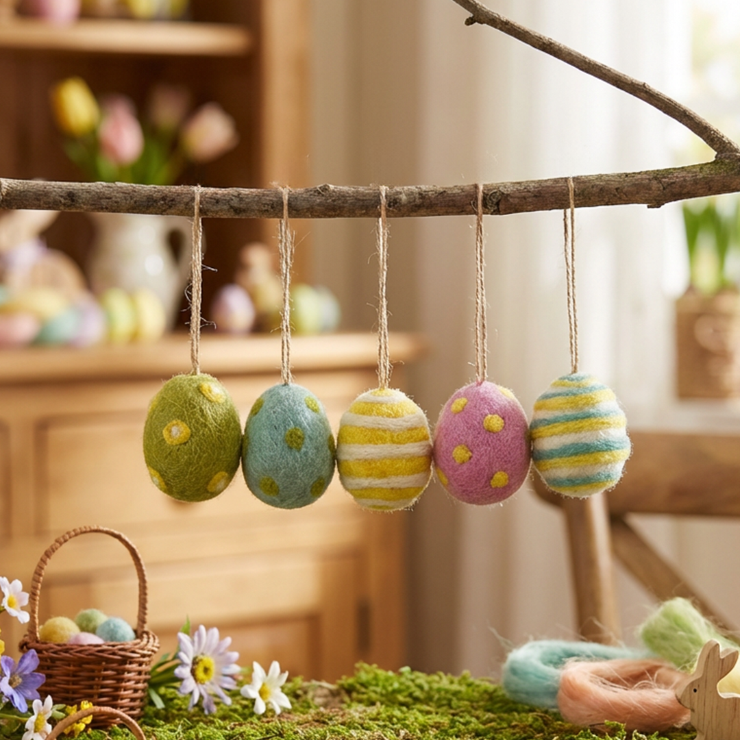Handmade Needle Felt Easter Eggs (Set of 5) Hanging Easter Decoration