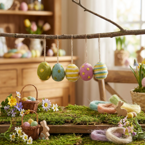 Handmade Needle Felt Easter Eggs (Set of 5) Hanging Easter Decoration