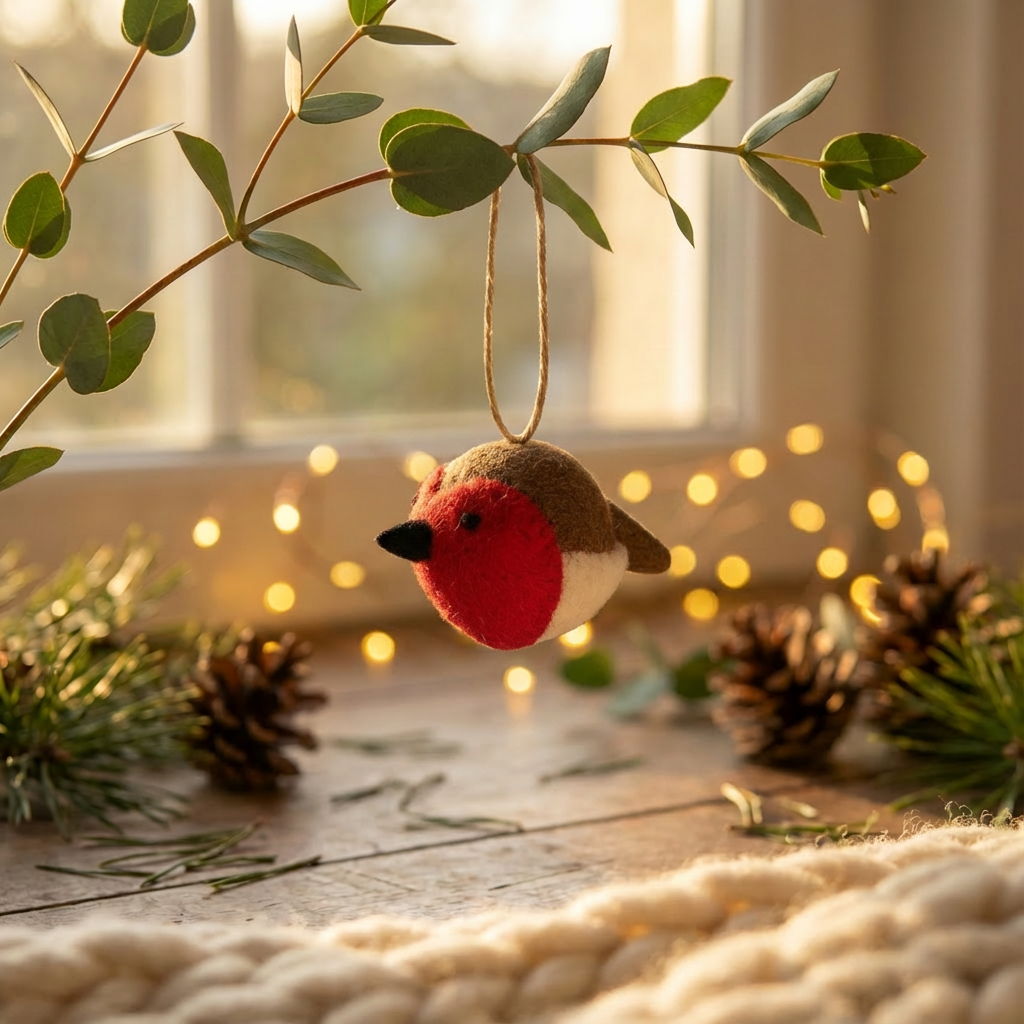 Handmade Needle Felt Sweetheart Robin Hanging Christmas Tree Decoration