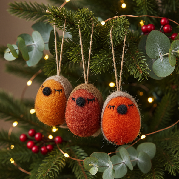 Handmade Whimsical Winter Robins (Set of 3) Hanging Biodegradable Christmas Tree Decorations