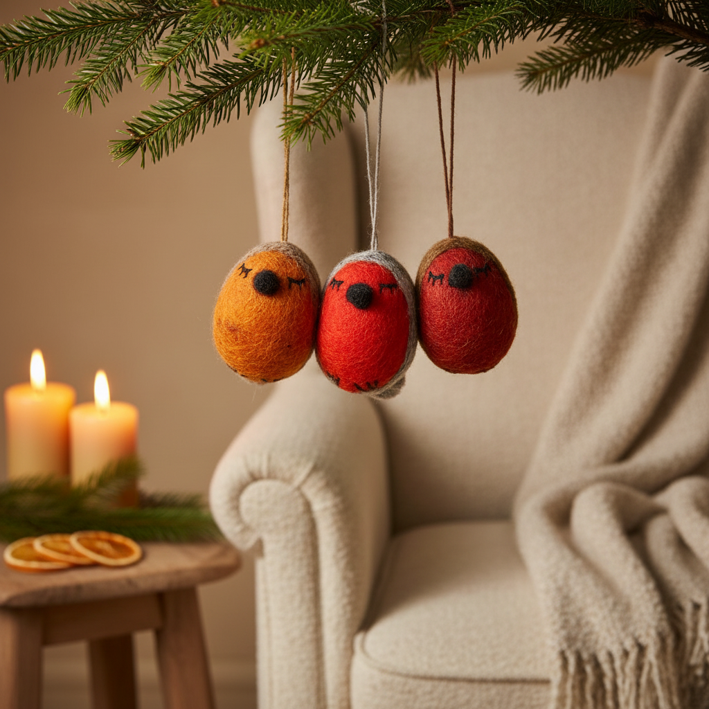 Handmade Whimsical Winter Robins (Set of 3) Hanging Biodegradable Christmas Tree Decorations
