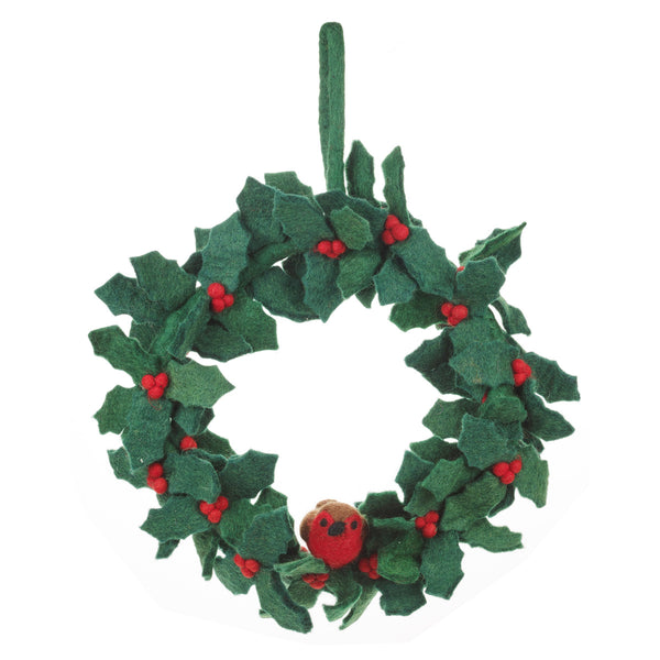 Handmade Felt Fair trade Holly Wreath with Robins Christmas Decor